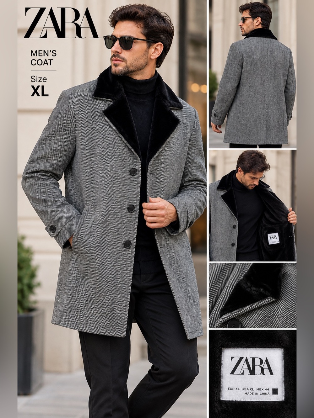 ZARA Gray Herringbone Pea Coat with Black Faux Fur Collar XL like new